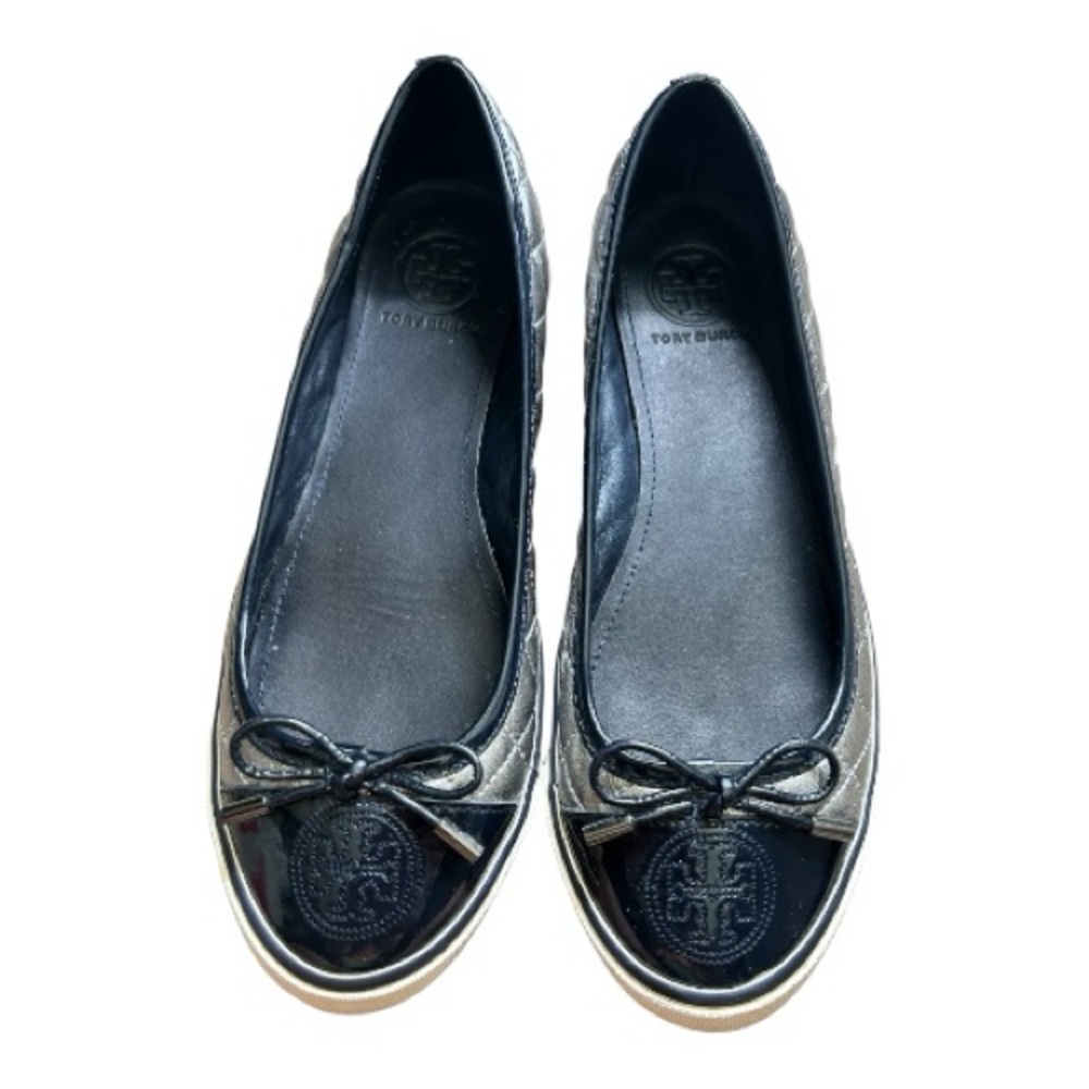 Tory Burch Skyler Silver Quilted Dark Blue Patent Leather Flats 8 M